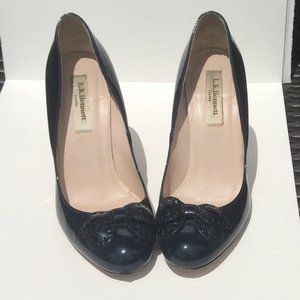 L.K. Bennett London Navy Blue Patent Leather Pumps with Toe Bows
